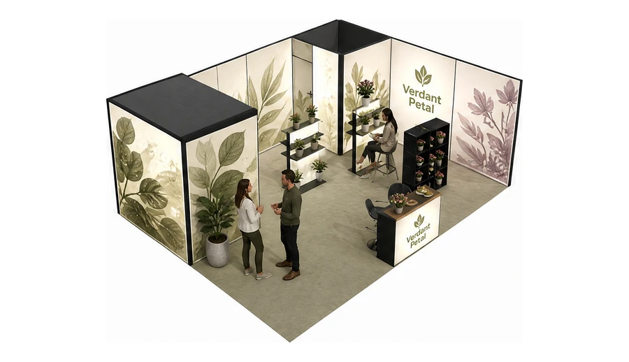 Stoisko 8 × 6 m narożne prawe dla branży rośliny i kwiaciarstwo, przykładowa marka Verdant Petal
