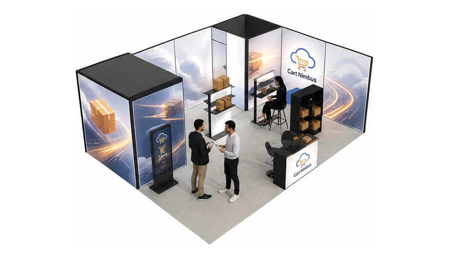 Stoisko 8 × 6 m narożne prawe dla branży e-commerce, przykładowa marka Cart Nimbus