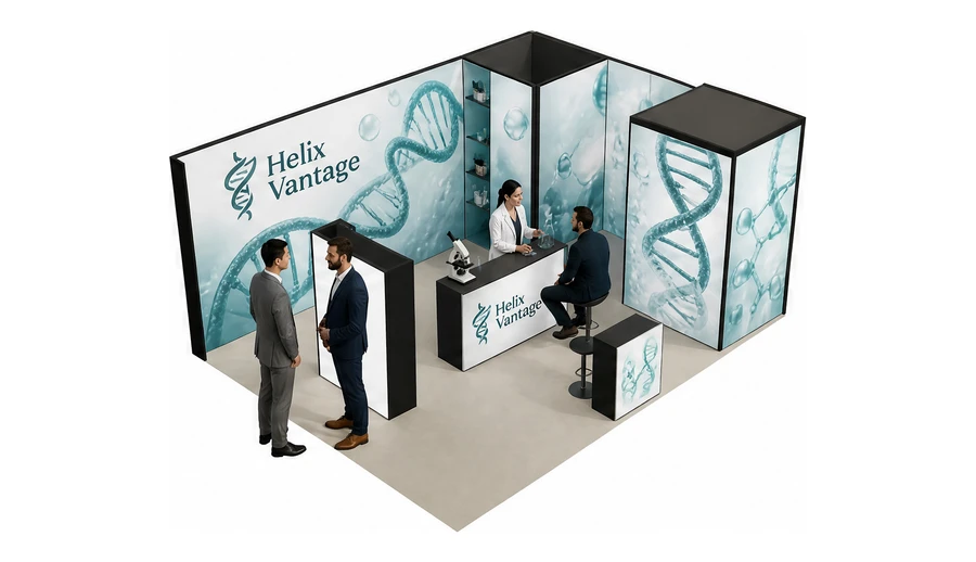 Stoisko 8 × 6 m narożne prawe dla branży farmacja i biotechnologia, przykładowa marka Helix Vantage