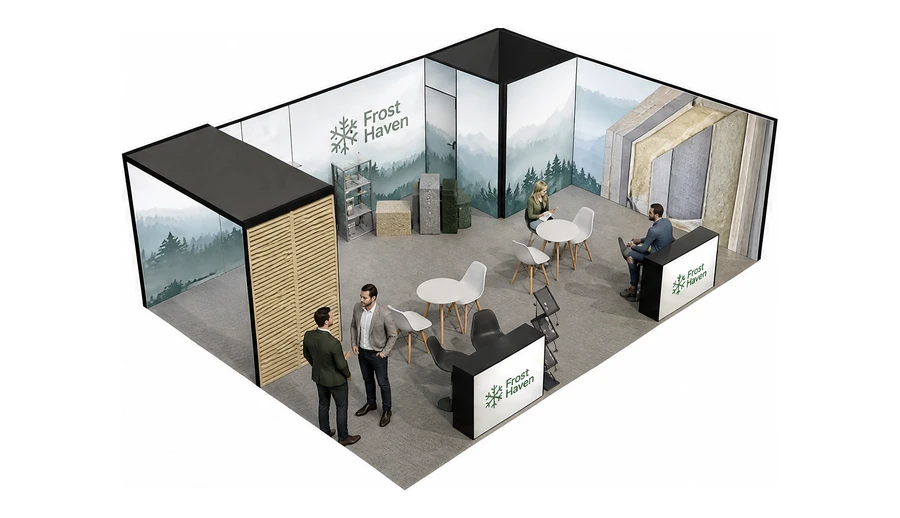 Stoisko 8 × 6 m narożne prawe dla branży izolacje techniczne, przykładowa marka Frost Haven