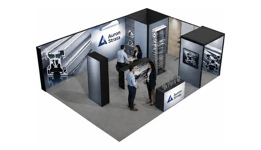Stoisko 8 × 6 m narożne prawe dla branży profile aluminiowe, przykładowa marka Auron Strata