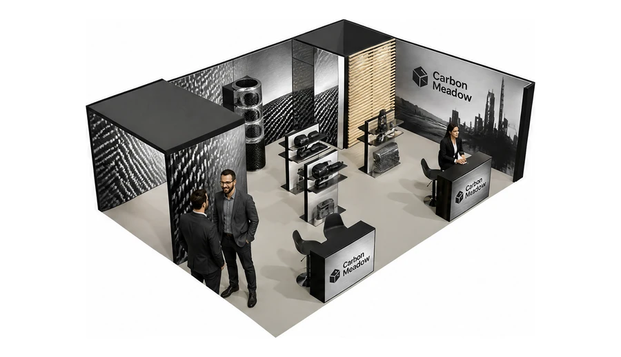 Stoisko 8 × 6 m narożne prawe dla branży materiały kompozytowe, przykładowa marka Carbon Meadow
