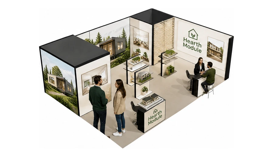 Stoisko 8 × 6 m narożne prawe dla branży domy modułowe i prefabrykacja, przykładowa marka Hearth Module