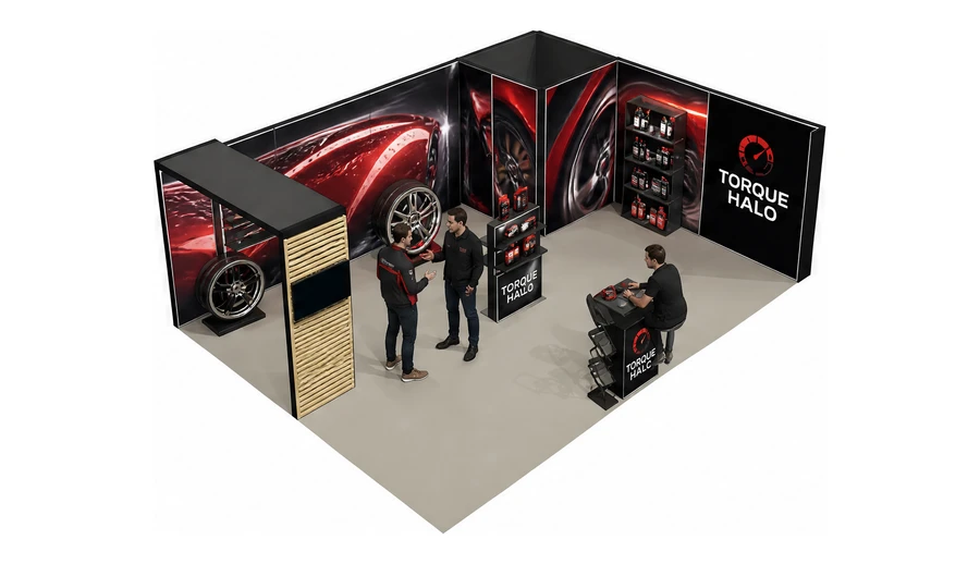 Stoisko 8 × 6 m narożne prawe dla branży tuning i detailing, przykładowa marka Torque Halo