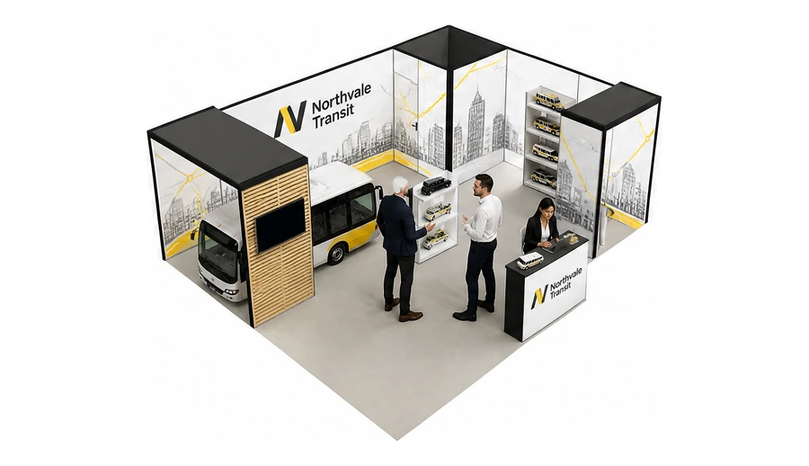 Stoisko 8 × 6 m narożne prawe dla branży autobusy i transport zbiorowy, przykładowa marka Northvale Transit