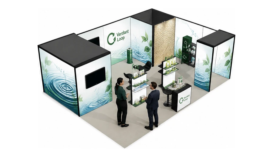 Stoisko 8 × 6 m narożne prawe dla branży recykling i ochrona środowiska, przykładowa marka Verdant Loop
