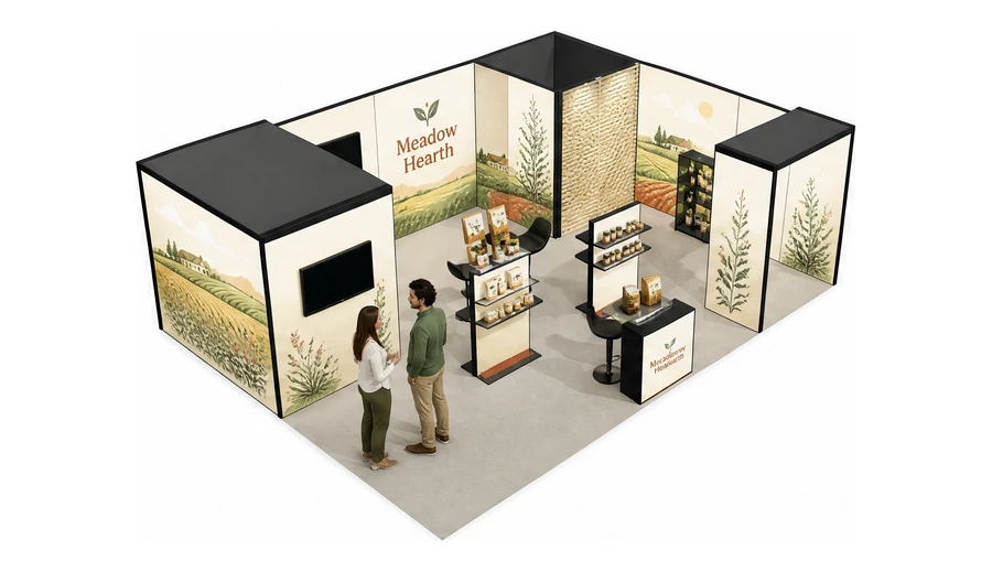 Stoisko 8 × 6 m narożne prawe dla branży żywność ekologiczna, przykładowa marka Meadow Hearth