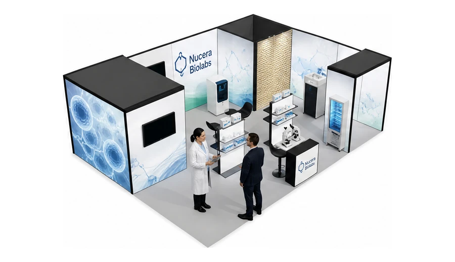 Stoisko 8 × 6 m narożne prawe dla branży farmacja i biotechnologia, przykładowa marka Nucera Biolabs