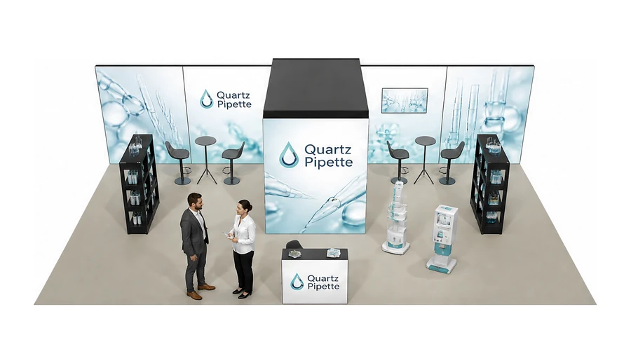 Stoisko 10 × 5 m półwyspowe dla branży sprzęt laboratoryjny, przykładowa marka Quartz Pipette