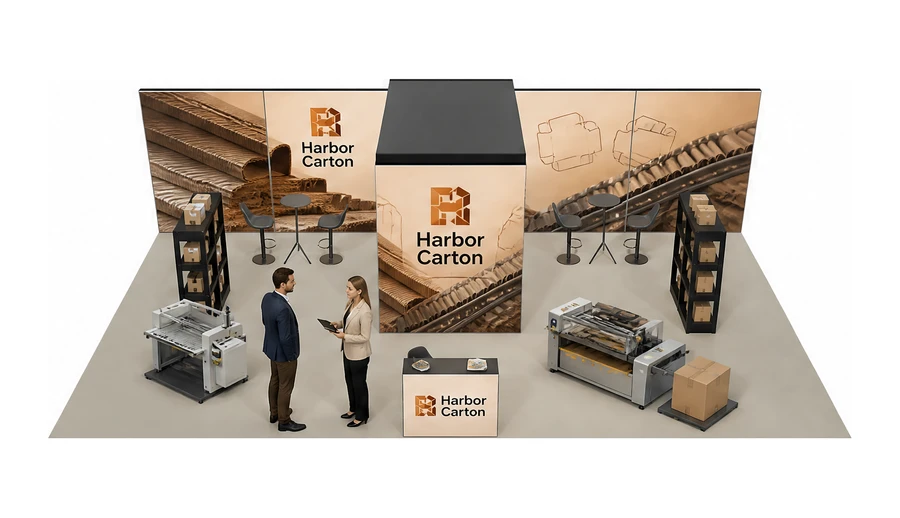 Stoisko 10 × 5 m półwyspowe dla branży maszyny pakujące, przykładowa marka Harbor Carton