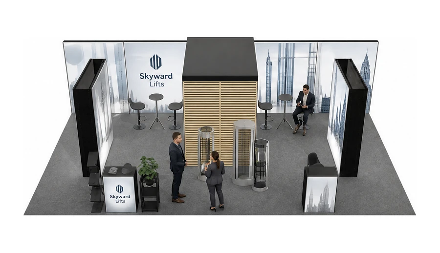 Stoisko 10 × 5 m półwyspowe dla branży dźwigi i windy, przykładowa marka Skyward Lifts