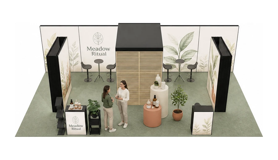 Stoisko 10 × 5 m półwyspowe dla branży kosmetyki naturalne, przykładowa marka Meadow Ritual