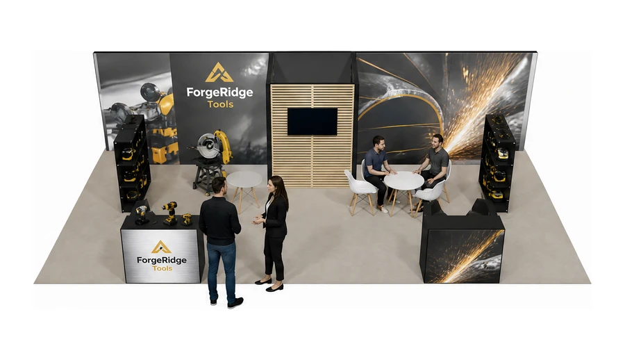 Stoisko 10 × 5 m półwyspowe dla branży elektronarzędzia, przykładowa marka ForgeRidge Tools