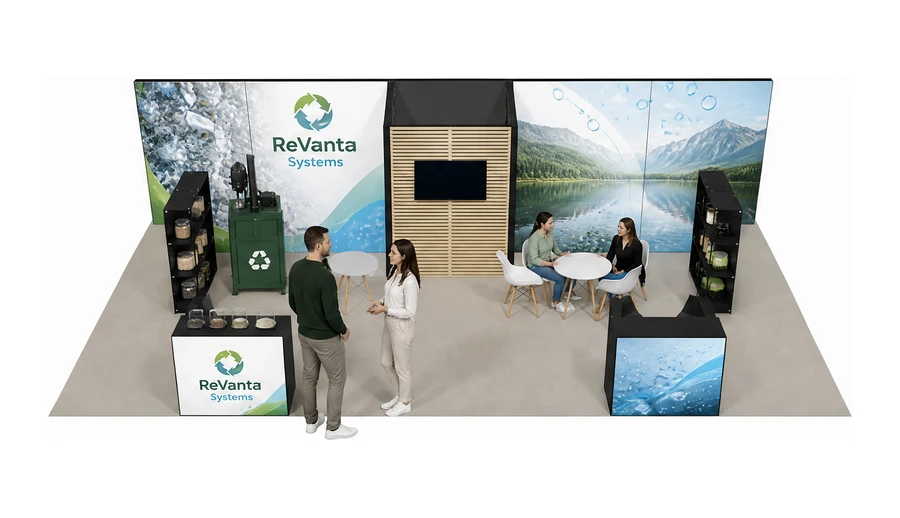 Stoisko 10 × 5 m półwyspowe dla branży recykling i ochrona środowiska, przykładowa marka ReVanta Systems