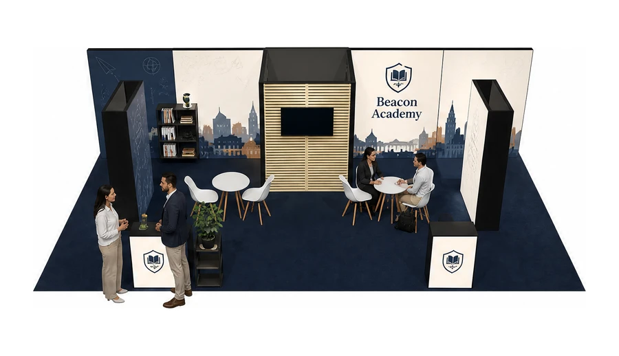 Stoisko 10 × 5 m półwyspowe dla branży edukacja i szkolenia, przykładowa marka Beacon Academy