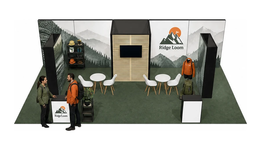Stoisko 10 × 5 m półwyspowe dla branży odzież i sprzęt outdoorowy, przykładowa marka Ridge Loom