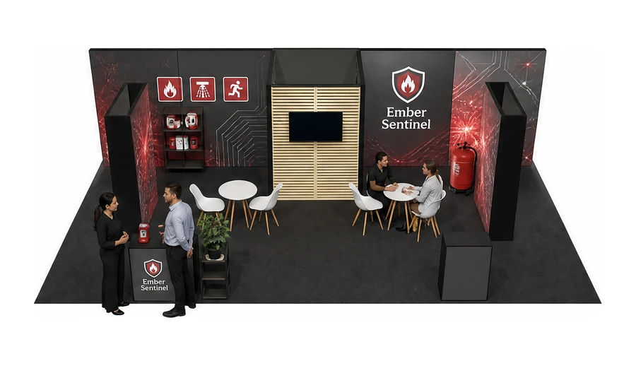 Stoisko 10 × 5 m półwyspowe dla branży ochrona przeciwpożarowa, przykładowa marka Ember Sentinel