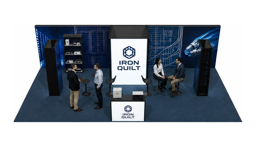 Stoisko 10 × 5 m półwyspowe dla branży infrastruktura IT i data center, przykładowa marka Iron Quilt