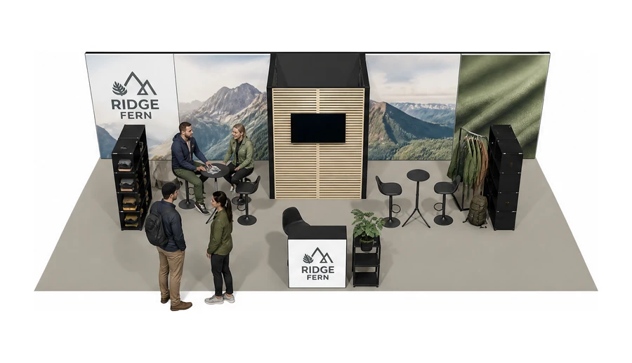 Stoisko 10 × 5 m półwyspowe dla branży odzież i sprzęt outdoorowy, przykładowa marka Ridge Fern