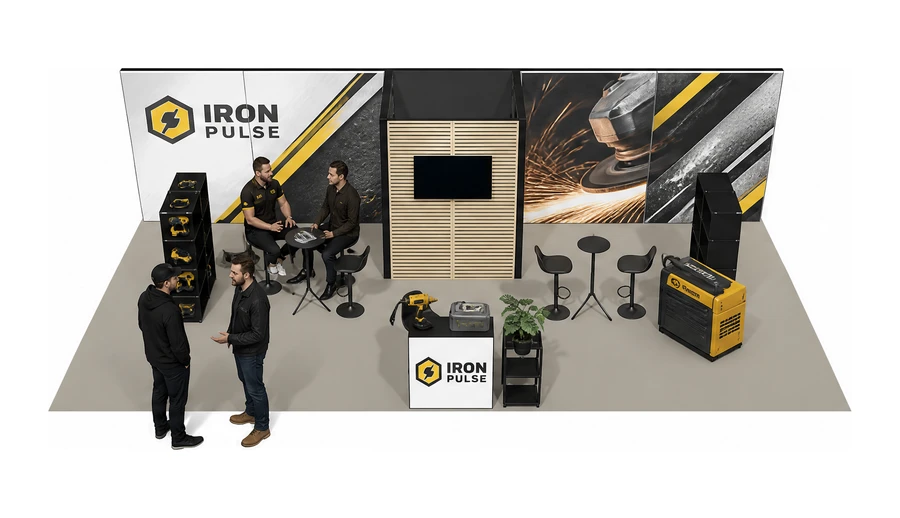 Stoisko 10 × 5 m półwyspowe dla branży elektronarzędzia, przykładowa marka Iron Pulse