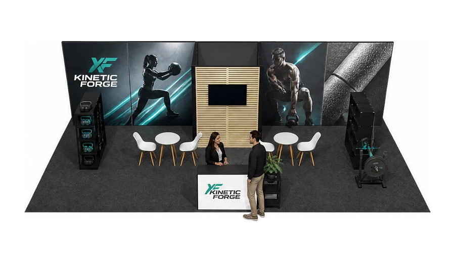 Stoisko 10 × 5 m półwyspowe dla branży fitness i siłownie, przykładowa marka Kinetic Forge