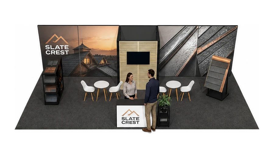 Stoisko 10 × 5 m półwyspowe dla branży dachy i elewacje, przykładowa marka Slate Crest