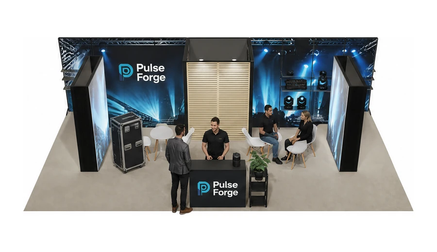 Stoisko 10 × 5 m półwyspowe dla branży branża eventowa, przykładowa marka Pulse Forge