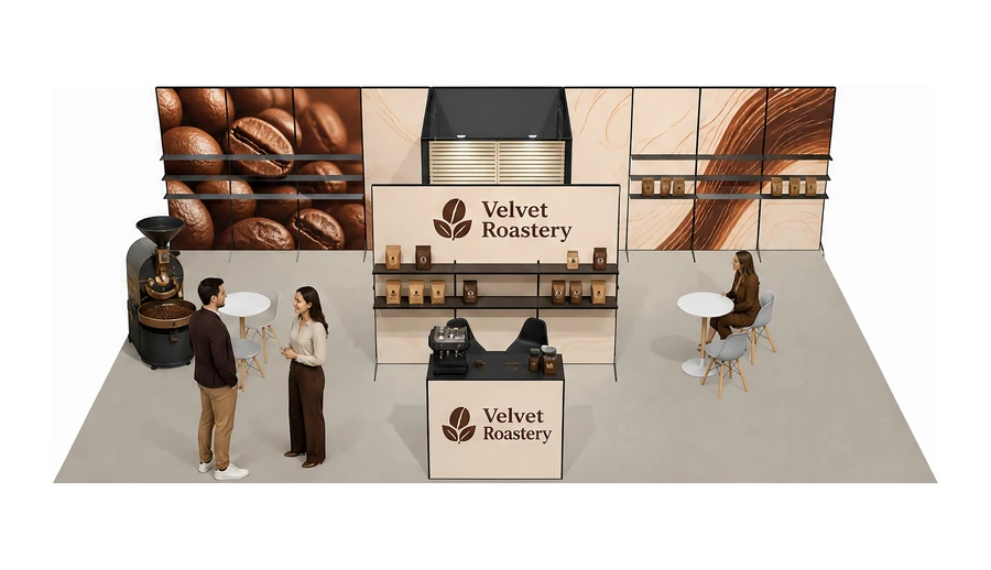 Stoisko 10 × 5 m półwyspowe dla branży palarnia kawy, przykładowa marka Velvet Roastery