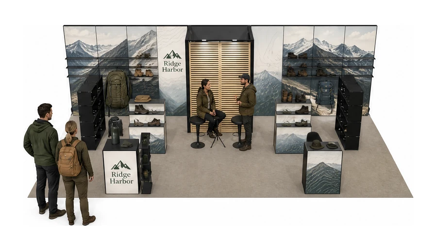 Stoisko 10 × 5 m półwyspowe dla branży odzież i sprzęt outdoorowy, przykładowa marka Ridge Harbor