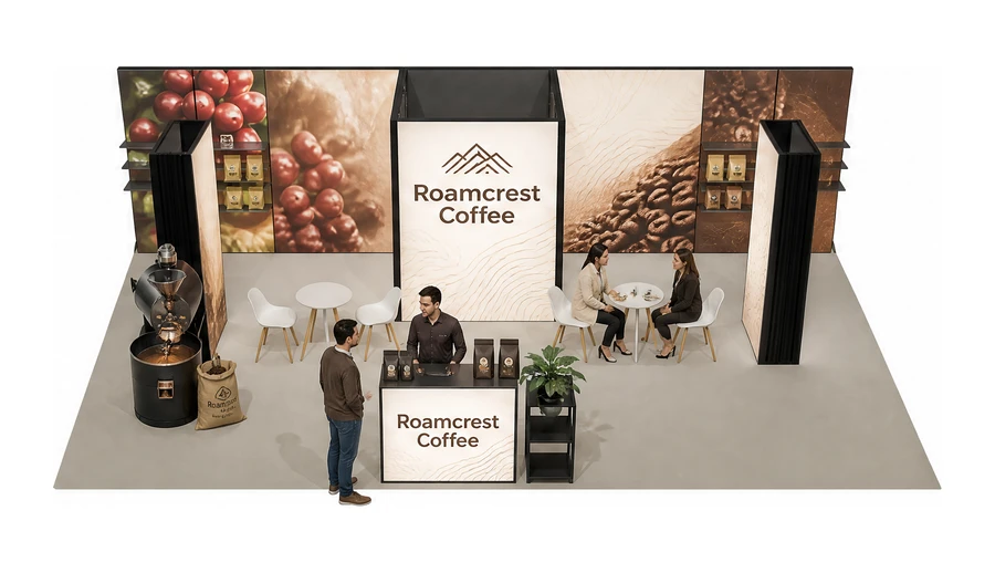 Stoisko 10 × 5 m półwyspowe dla branży palarnia kawy, przykładowa marka Roamcrest Coffee