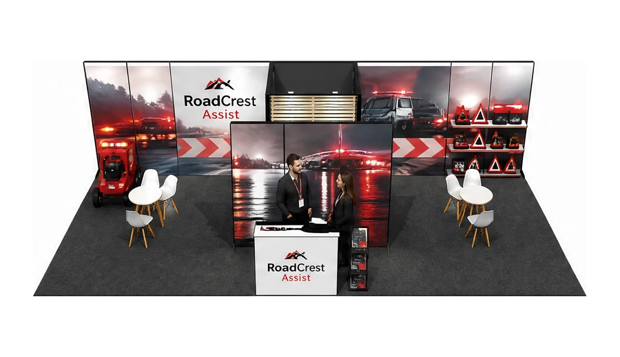 Stoisko 10 × 5 m półwyspowe dla branży pomoc drogowa i lawety, przykładowa marka RoadCrest Assist