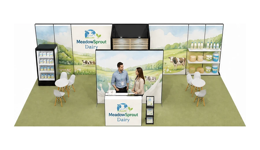 Stoisko 10 × 5 m półwyspowe dla branży nabiał i mleczarstwo, przykładowa marka MeadowSprout Dairy