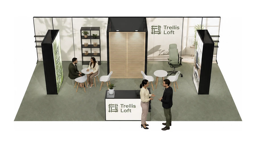 Stoisko 10 × 5 m półwyspowe dla branży meble biurowe, przykładowa marka Trellis Loft