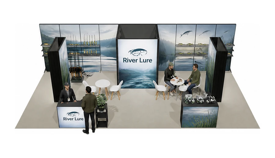 Stoisko 10 × 5 m półwyspowe dla branży wędkarstwo, przykładowa marka River Lure