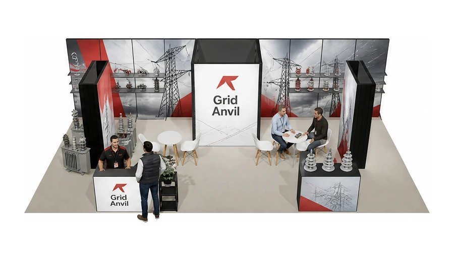 Stoisko 10 × 5 m półwyspowe dla branży energetyka i sieci, przykładowa marka Grid Anvil