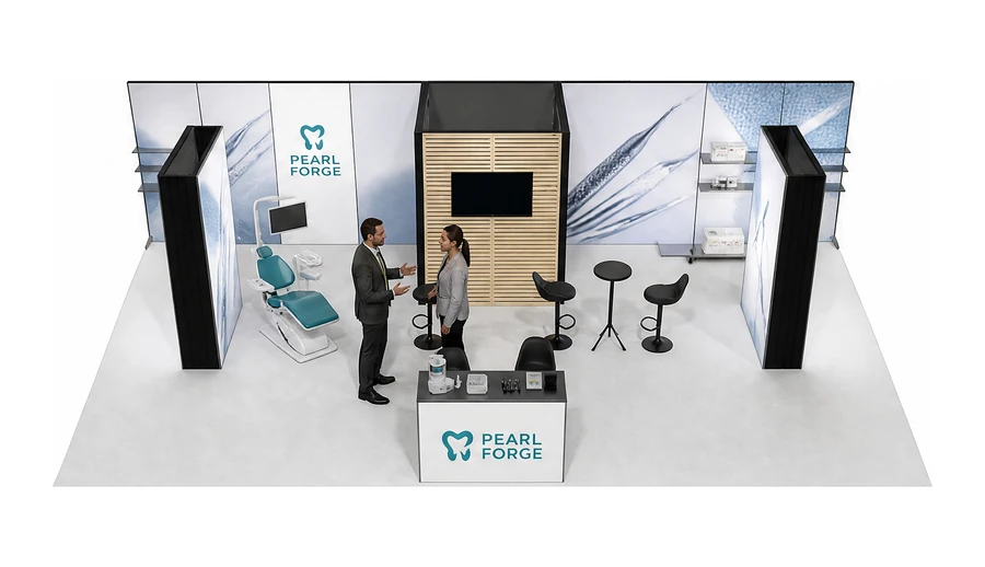 Stoisko 10 × 5 m półwyspowe dla branży stomatologia, przykładowa marka Pearl Forge