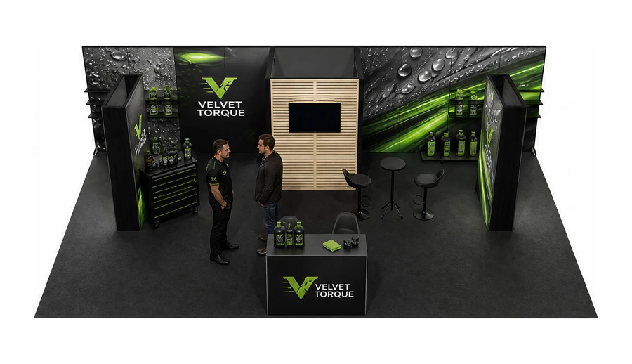 Stoisko 10 × 5 m półwyspowe dla branży tuning i detailing, przykładowa marka Velvet Torque