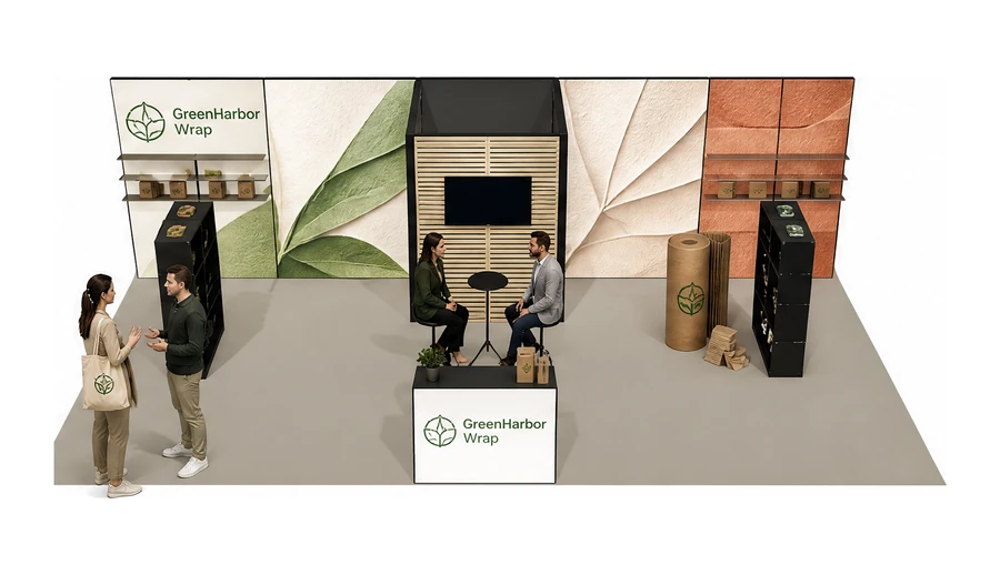 Stoisko 10 × 5 m półwyspowe dla branży opakowania ekologiczne, przykładowa marka GreenHarbor Wrap