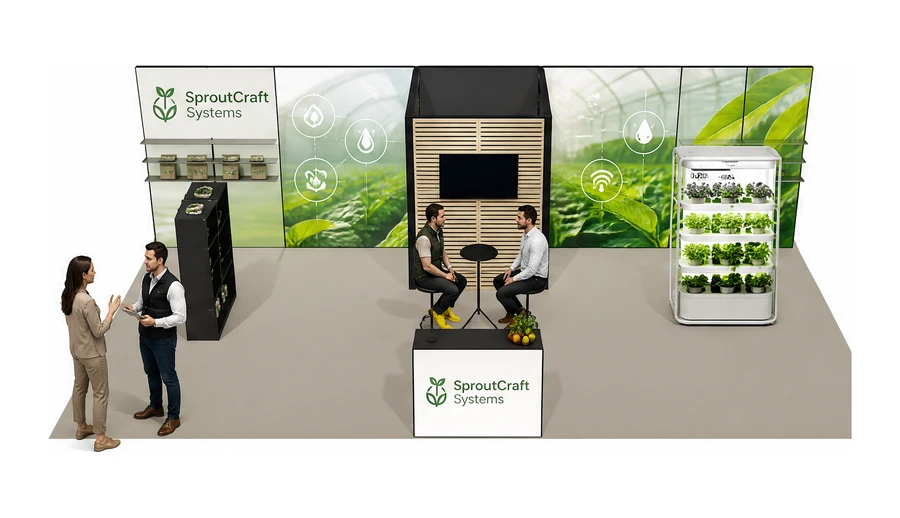 Stoisko 10 × 5 m półwyspowe dla branży sadownictwo i warzywnictwo, przykładowa marka SproutCraft Systems