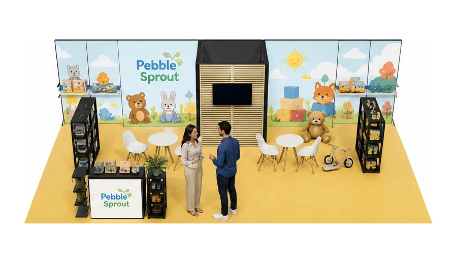 Stoisko 10 × 5 m półwyspowe dla branży zabawki i artykuły dziecięce, przykładowa marka Pebble Sprout