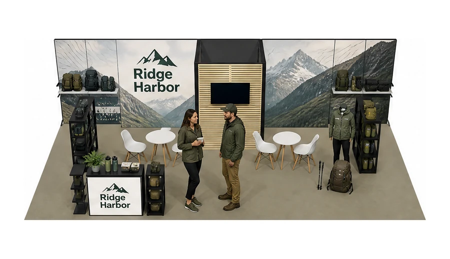 Stoisko 10 × 5 m półwyspowe dla branży odzież i sprzęt outdoorowy, przykładowa marka Ridge Harbor