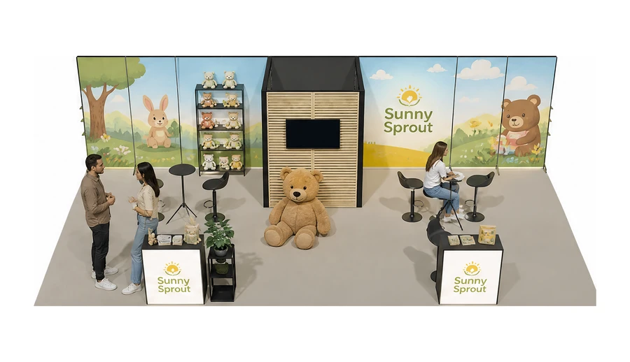Stoisko 10 × 5 m półwyspowe dla branży zabawki i artykuły dziecięce, przykładowa marka Sunny Sprout