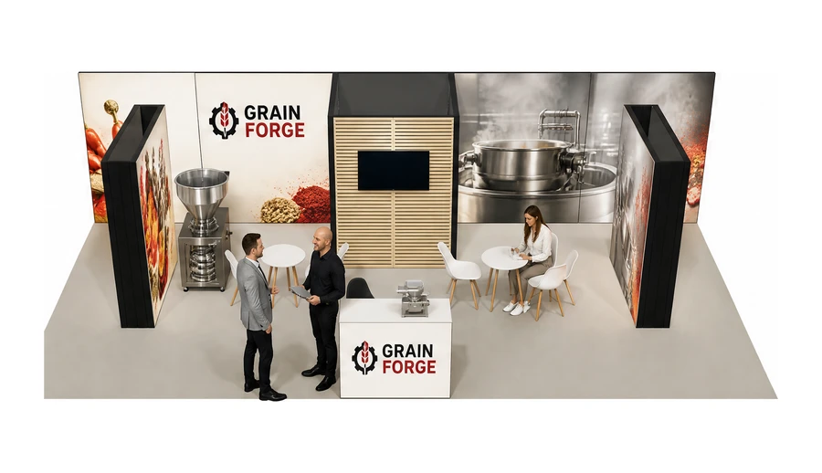 Stoisko 10 × 5 m półwyspowe dla branży technologie spożywcze, przykładowa marka Grain Forge
