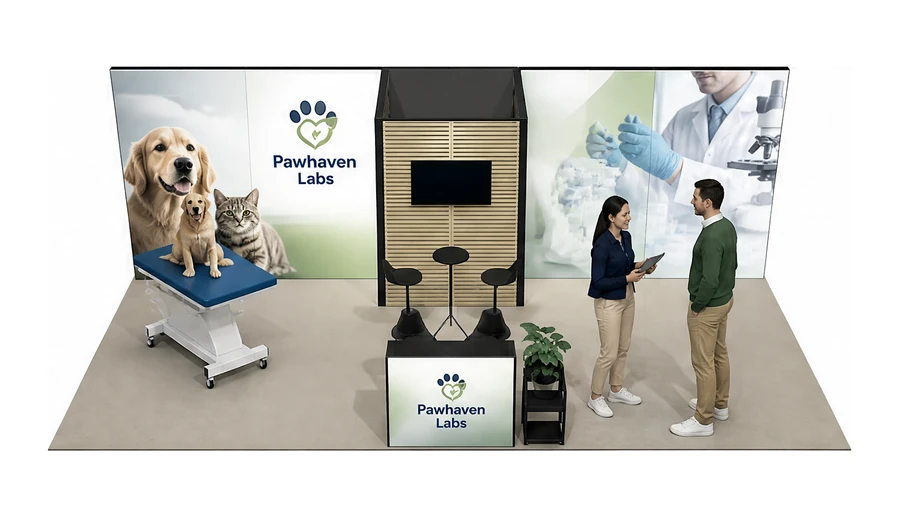 Stoisko 10 × 5 m półwyspowe dla branży weterynaria, przykładowa marka Pawhaven Labs