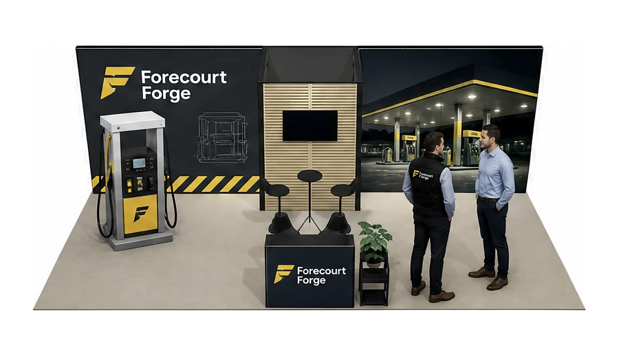 Stoisko 10 × 5 m półwyspowe dla branży stacje paliw, przykładowa marka Forecourt Forge