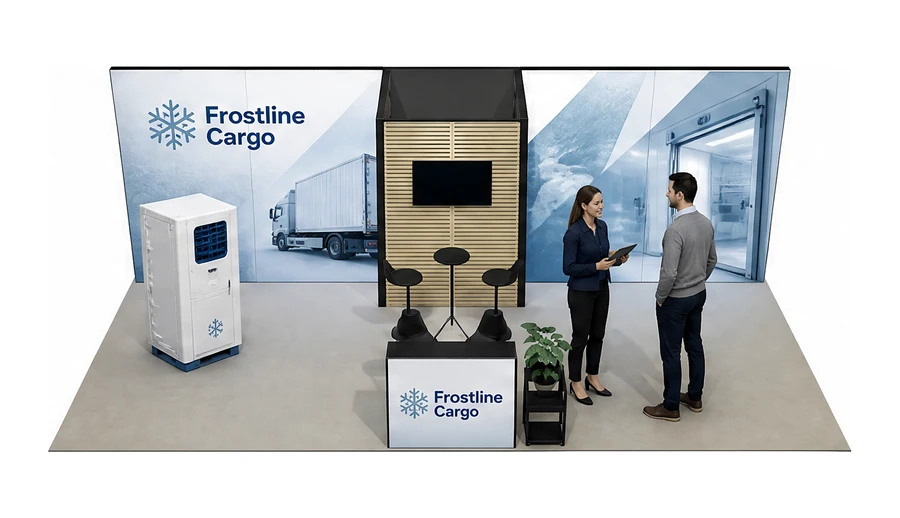 Stoisko 10 × 5 m półwyspowe dla branży łańcuch chłodniczy, przykładowa marka Frostline Cargo