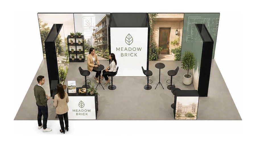 Stoisko 10 × 5 m półwyspowe dla branży deweloperzy i nieruchomości, przykładowa marka Meadow Brick