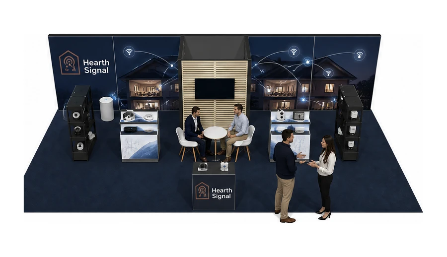 Stoisko 10 × 5 m półwyspowe dla branży smart home i IoT, przykładowa marka Hearth Signal