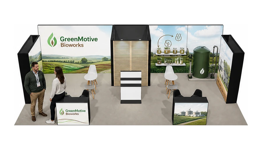 Stoisko 10 × 5 m półwyspowe dla branży biogaz i OZE, przykładowa marka GreenMotive Bioworks