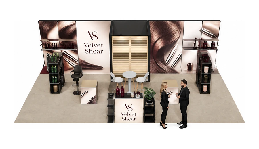 Stoisko 10 × 5 m półwyspowe dla branży fryzjerstwo i salony beauty, przykładowa marka Velvet Shear